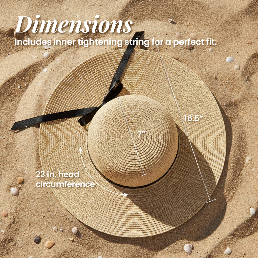 a straw hat placed on a sandy beach, with measurements and text providing information about the hat's dimensions.