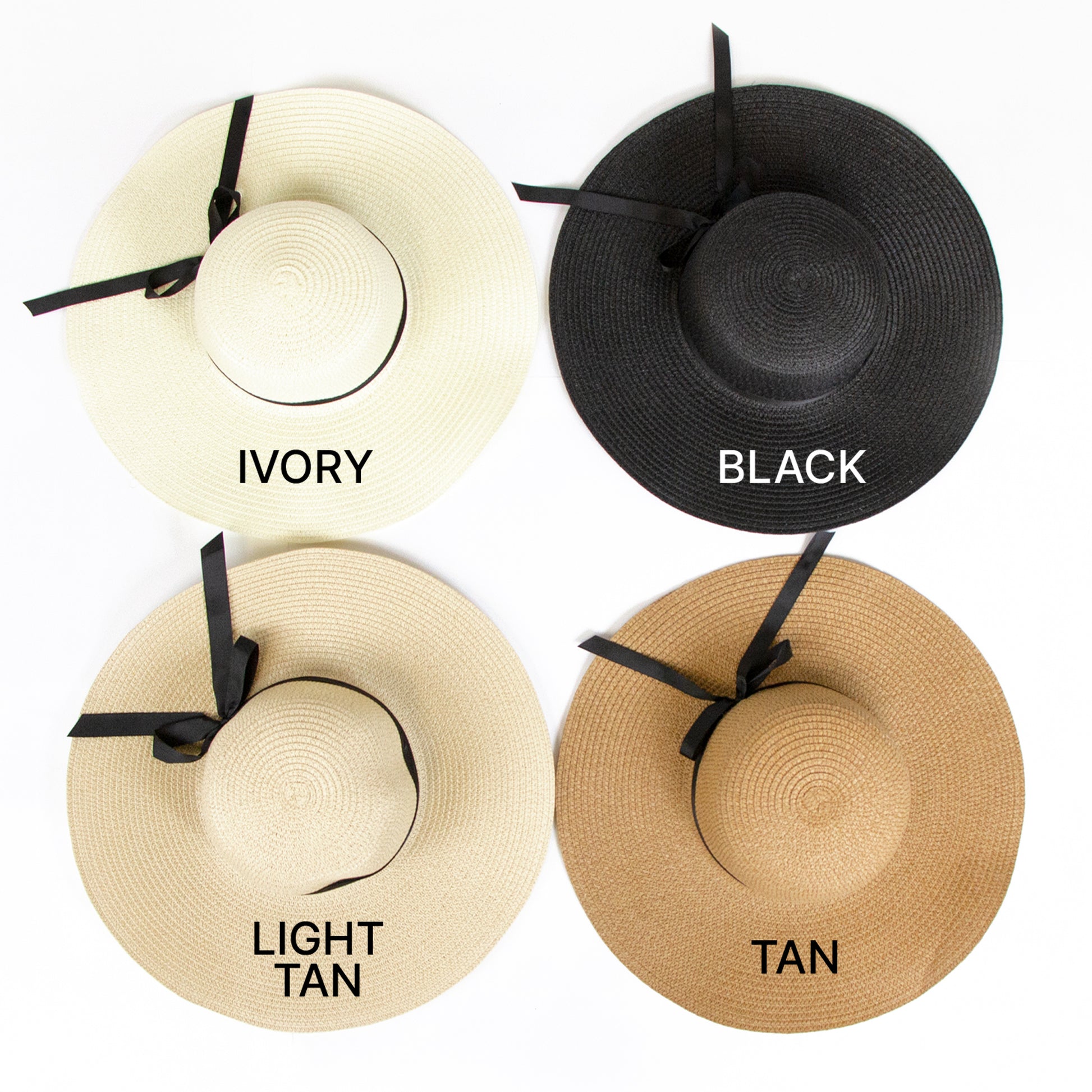 a group of four hats with names on them