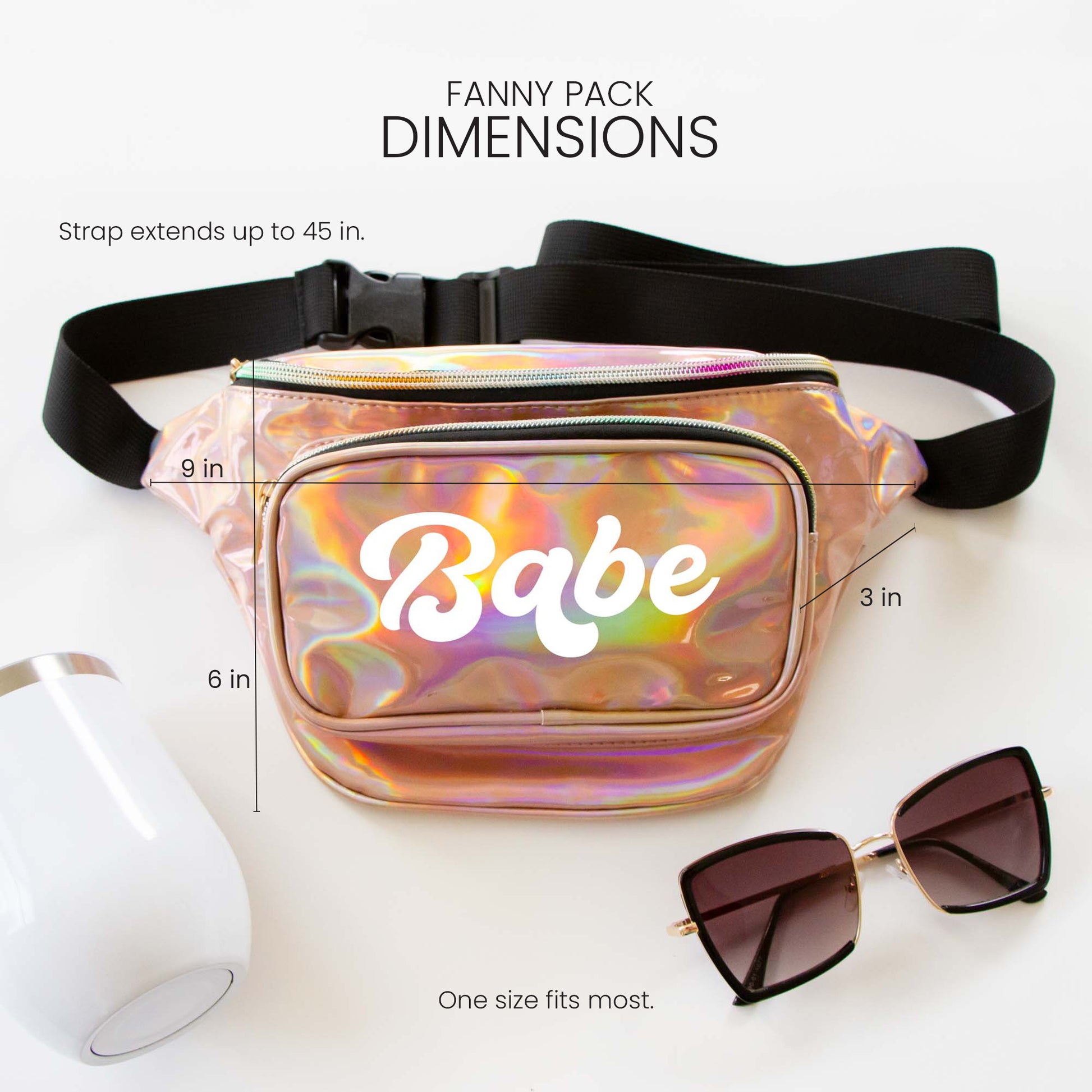 a pink and gold fanny pack with the word "Babe" printed on it, along with a pair of sunglasses and a white mug. The fanny pack has a strap that extends up to 45 inches, and it is described as a "FANNY PACK DIMENSIONS" product.