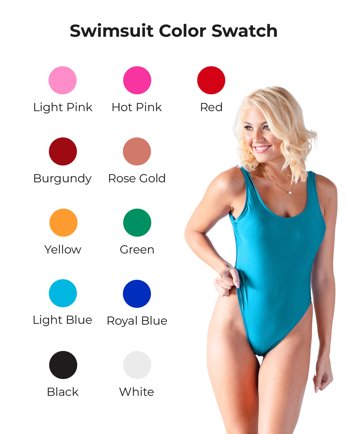 a woman in a blue swimsuit with different colors