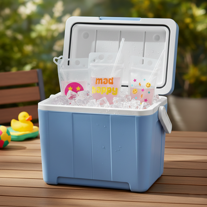 A blue and white cooler filled with ice and drinks, with a yellow rubber duck and a pink and yellow drink bag inside.