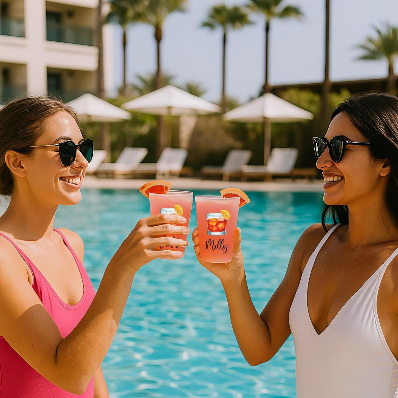 a couple of women standing next to a swimming pool