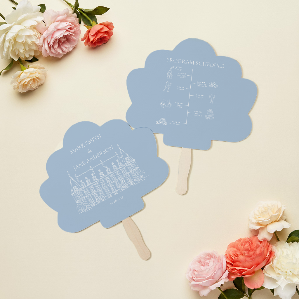 two blue fan-shaped programs with text and illustrations, placed on a light-colored background with pink and white flowers.