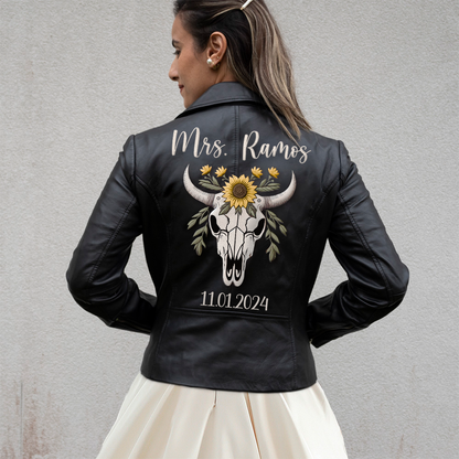 (Real Leather) Embroidered Bachelorette Leather Jacket for Brides