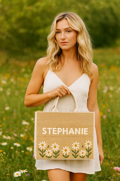 a woman in a white dress is holding a bag