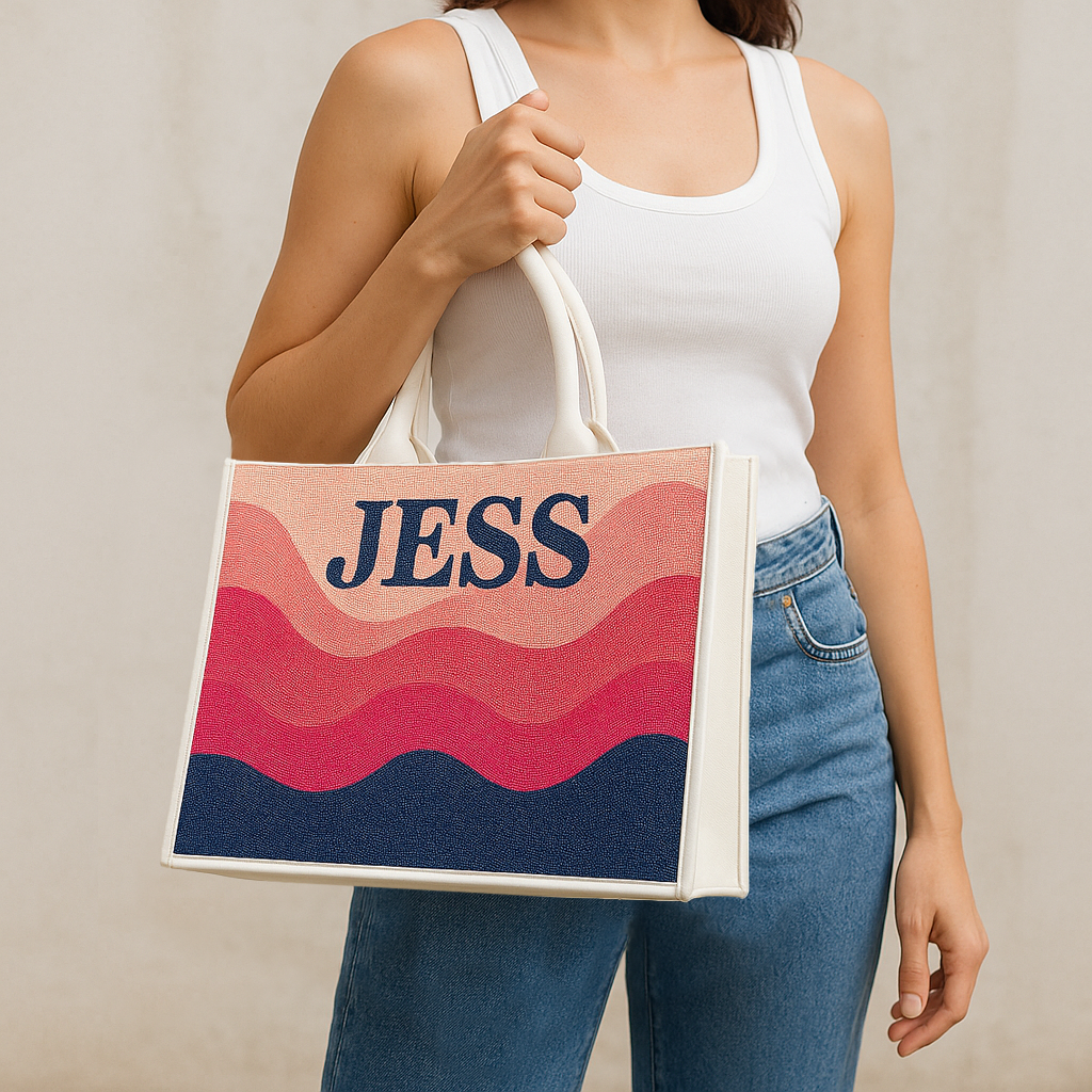 a woman holding a bag with a message on it