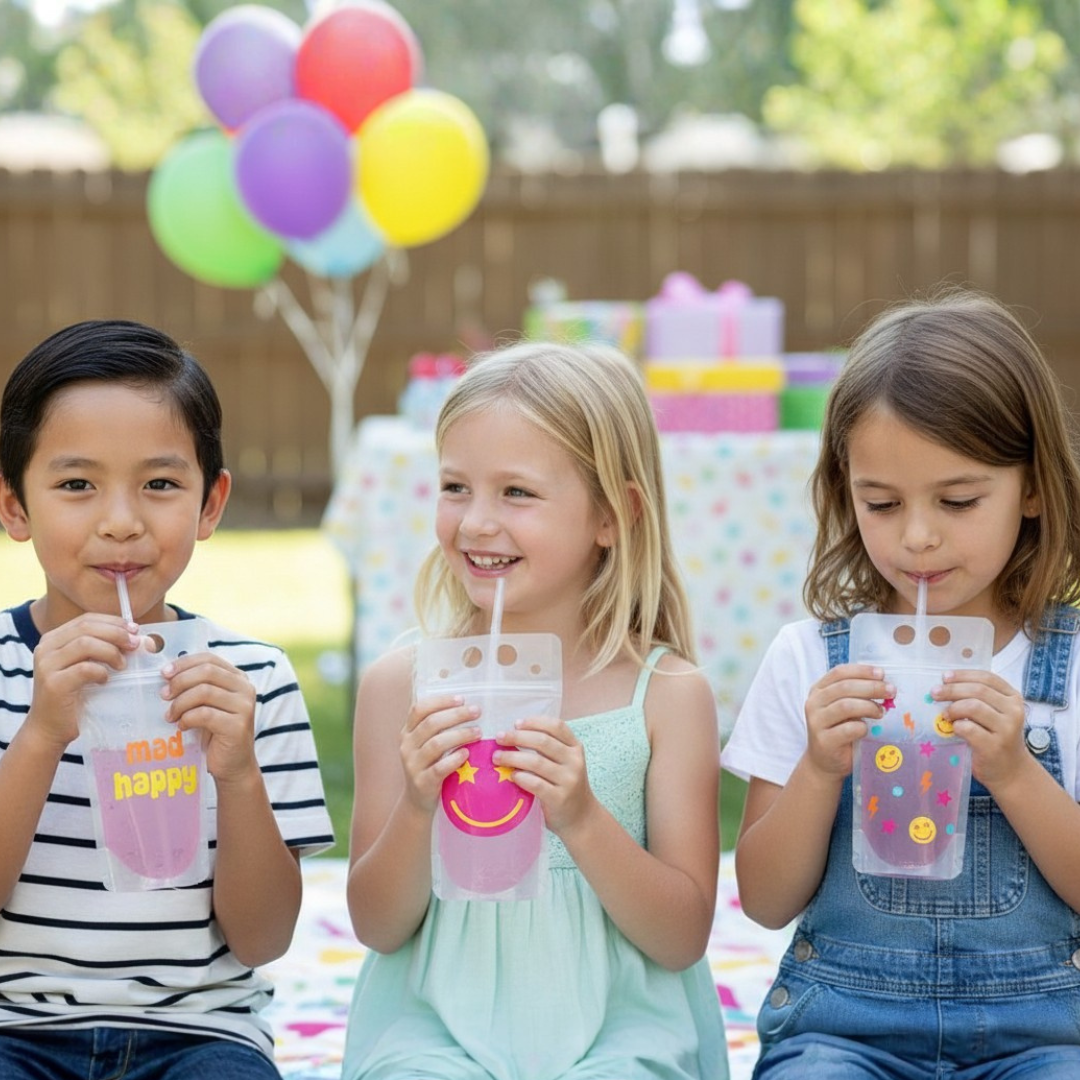 Three children are sitting together, each holding a drink from a clear plastic cup with a smiley face on it. In the background, there are colorful balloons and gift boxes, suggesting a festive occasion.