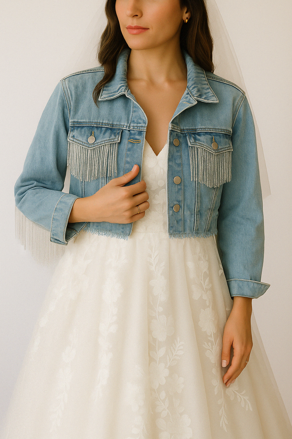 a woman in a wedding dress and denim jacket
