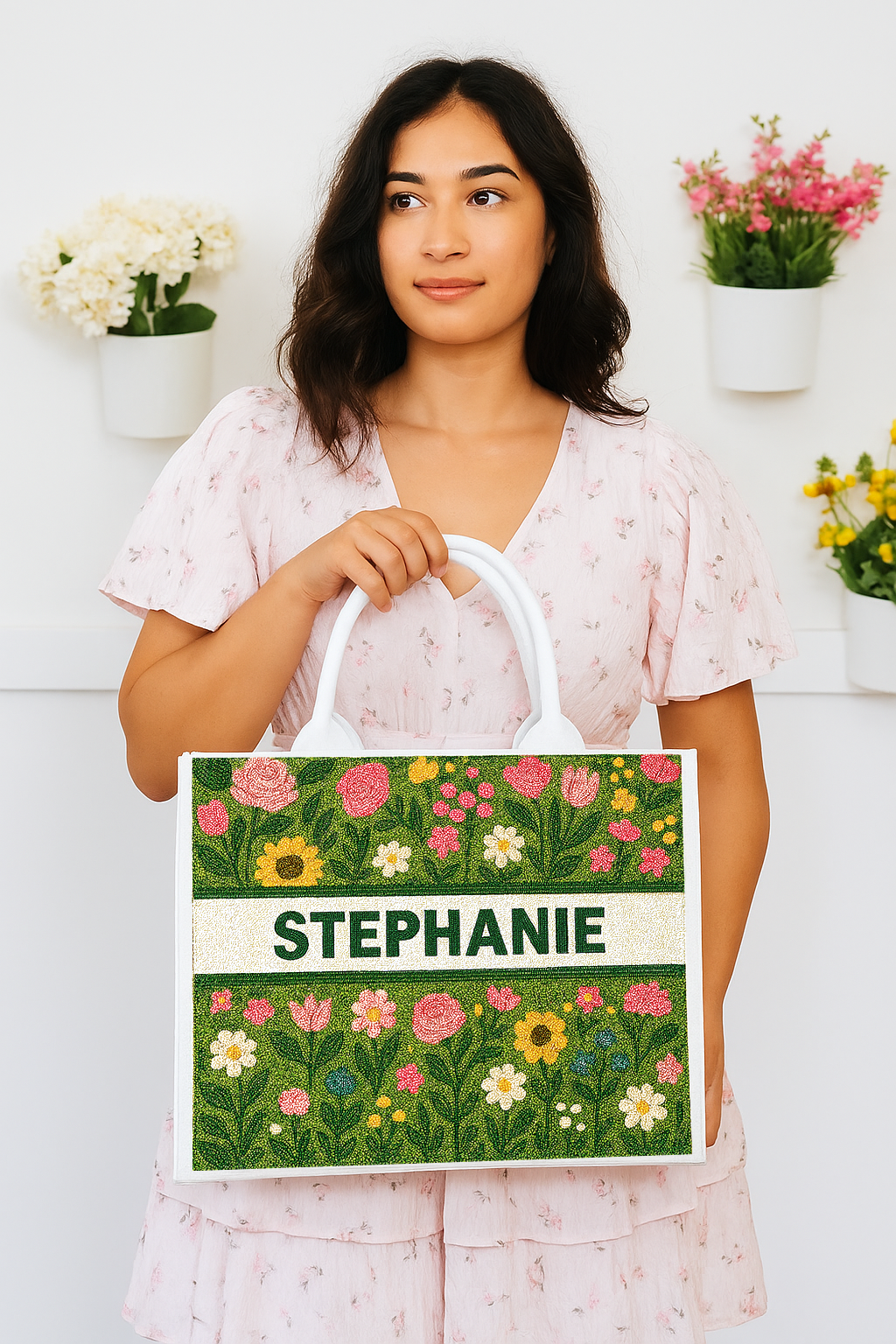 a woman holding a bag with a name on it