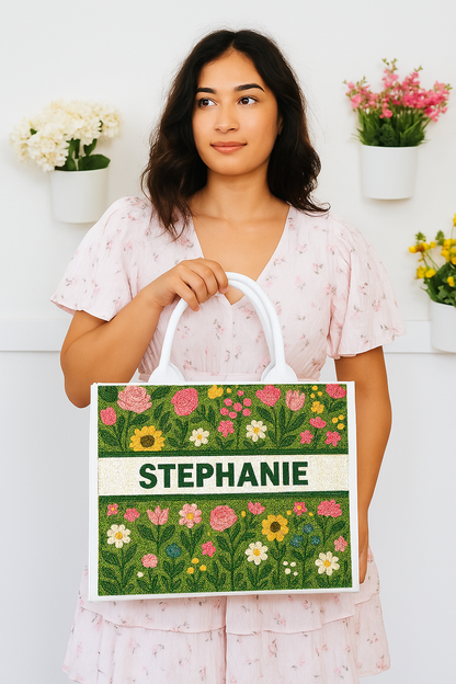 a woman holding a bag with a name on it
