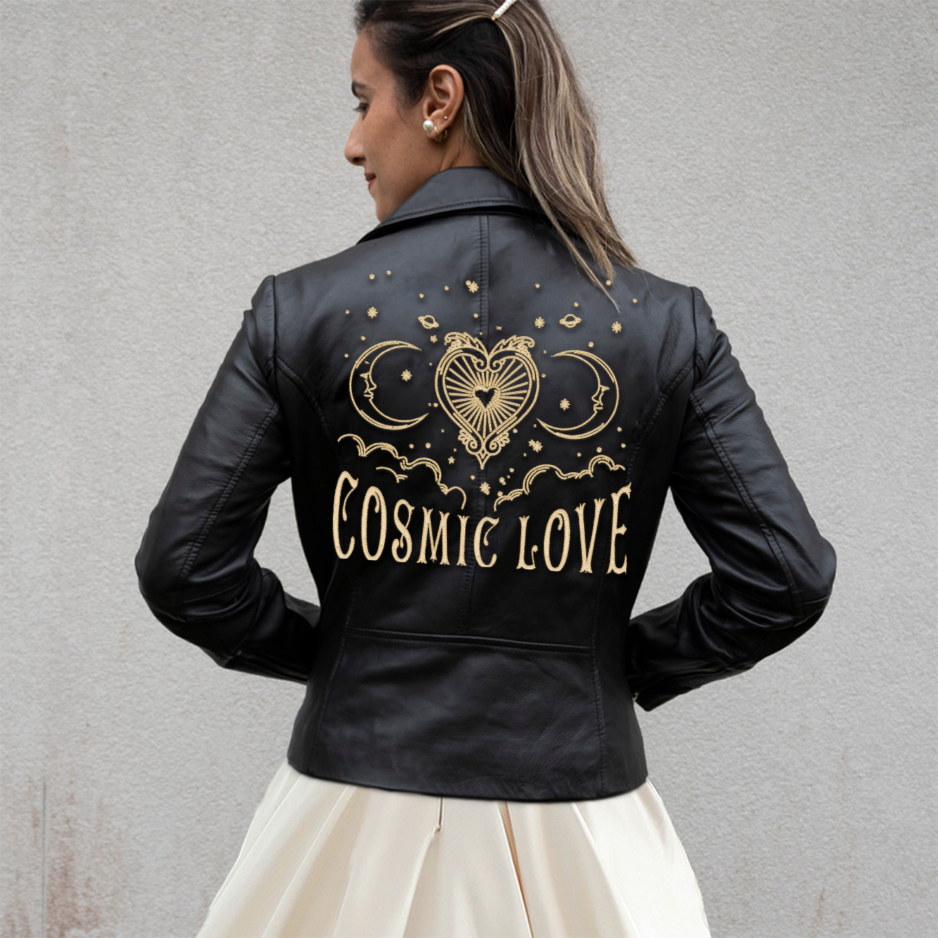 (Real Leather) Embroidered Cosmic Love Leather Jacket