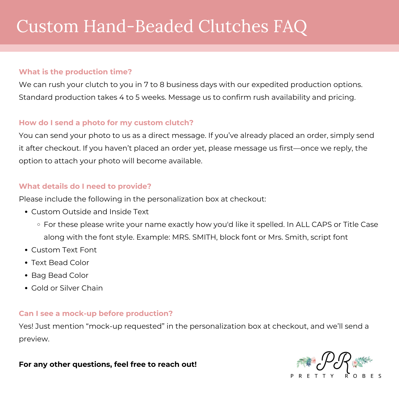 a white paper with the words custom hand - beaded clutches faq