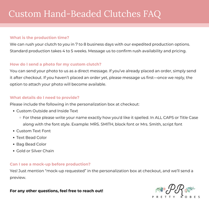 a white paper with the words custom hand - beaded clutches faq