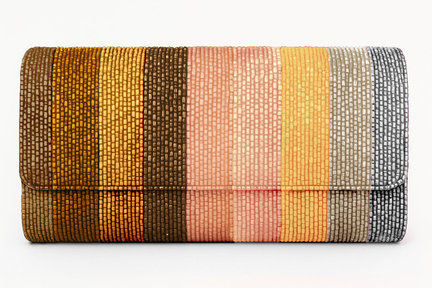 a multicolored clutch bag on a white background