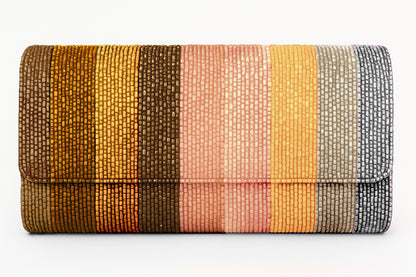 a multicolored clutch bag on a white background