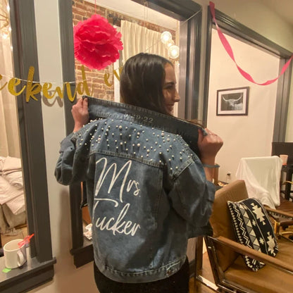 (Blue Pearl) Cursive Denim Jacket for Brides