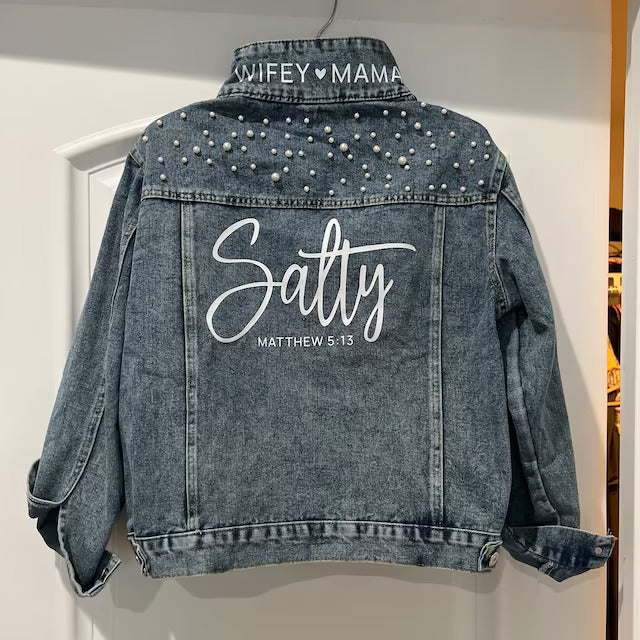 (Blue Pearl) Personalized Bridal Denim Jacket