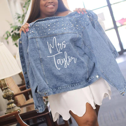 (Blue Pearl) Personalized Bridal Denim Jacket