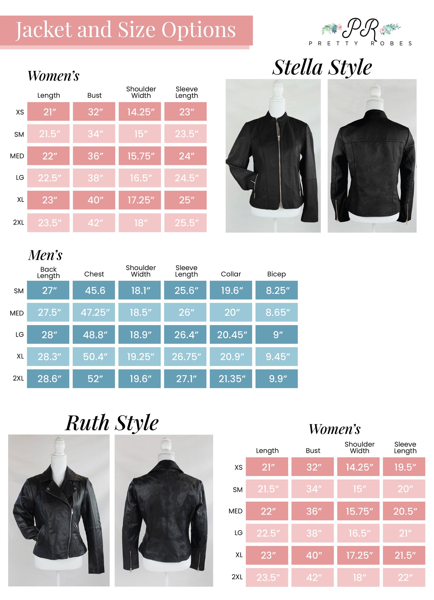 The image is a collage of three images showing different styles of jackets and their corresponding size options. The images display the jackets in various sizes, including women's and men's styles, as well as the corresponding bust, waist, and length measurements.