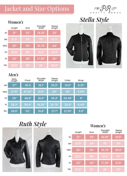 The image is a collage of three images showing different styles of jackets and their corresponding size options. The images display the jackets in various sizes, including women's and men's styles, as well as the corresponding bust, waist, and length measurements.