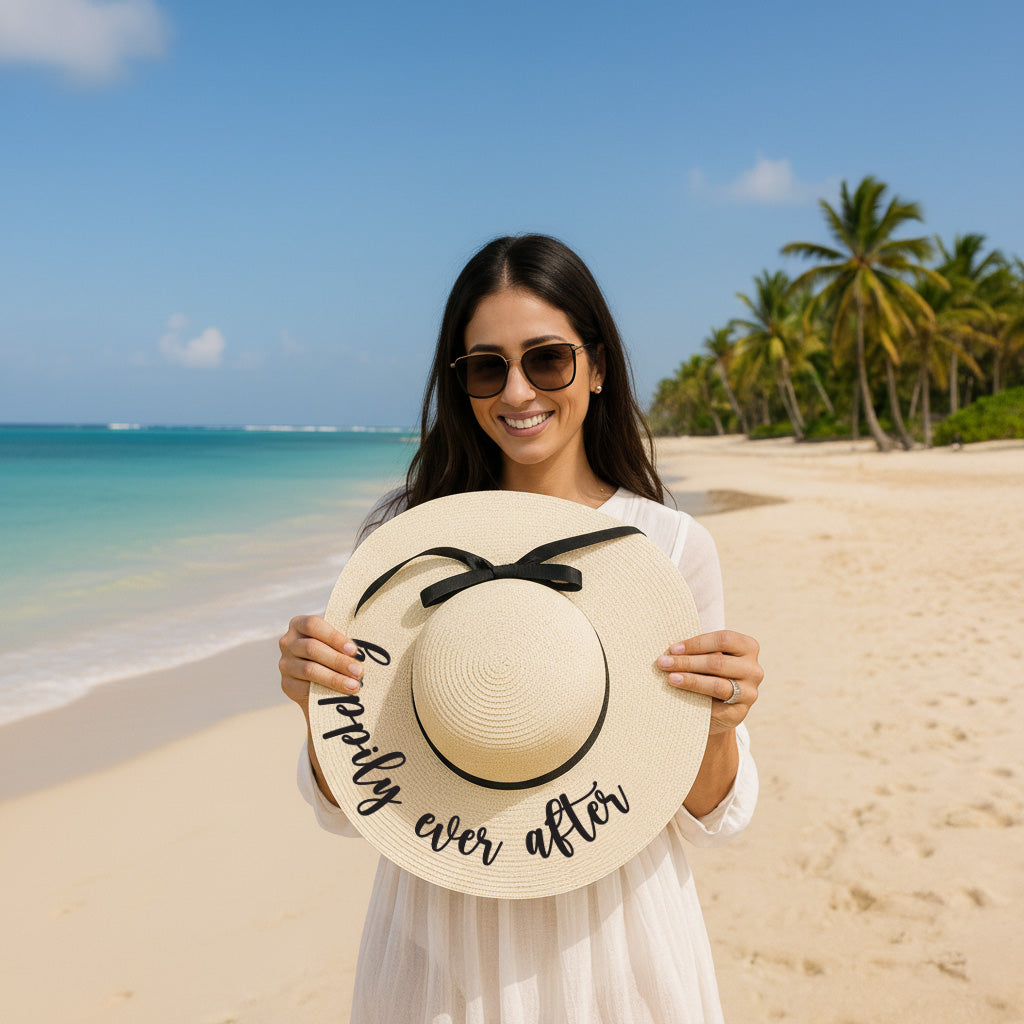A woman in a white dress stands on a beach holding a large white hat with the text "happily ever after" written on it.