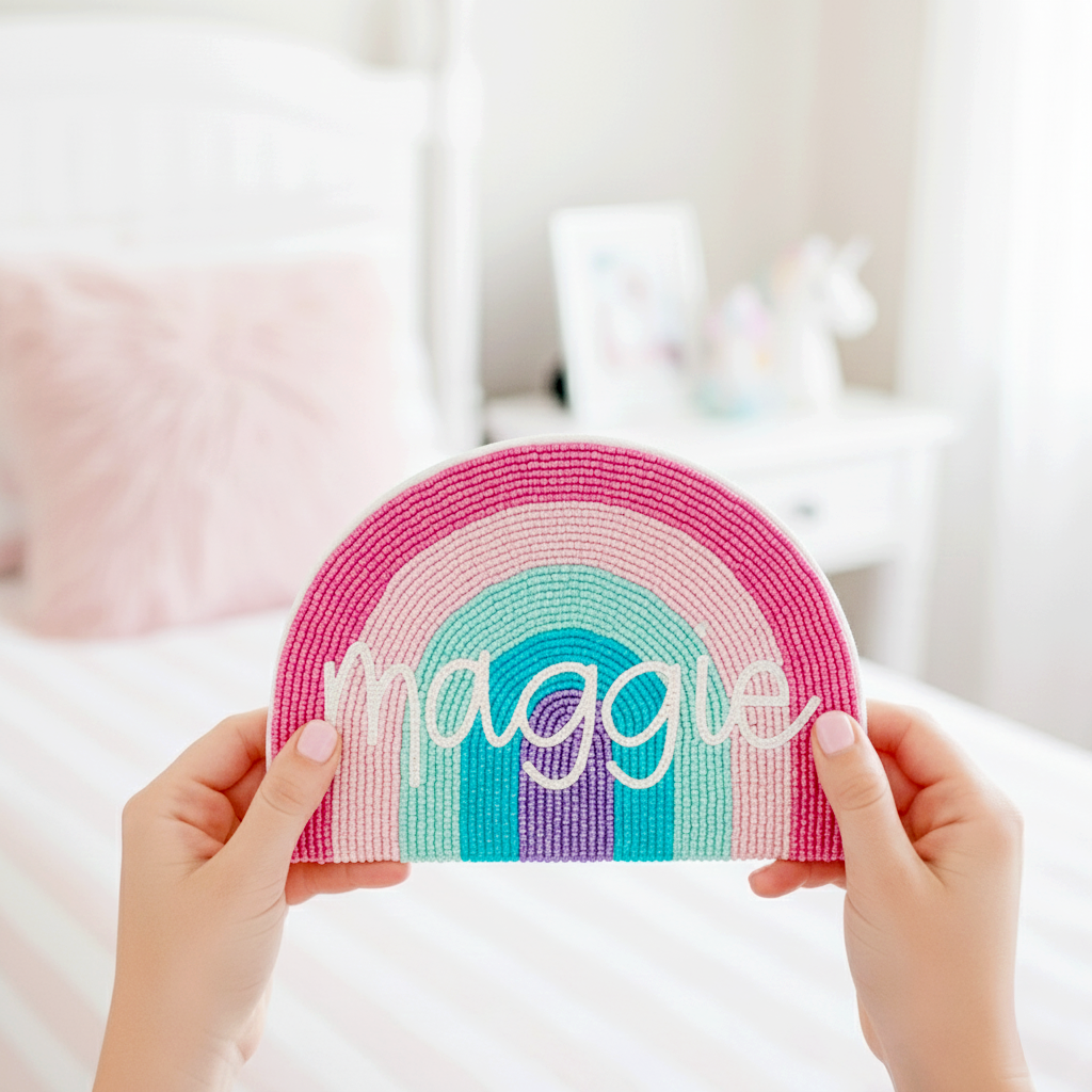 A person's hands holding a colorful, rainbow-colored bag with the name "magie" written on it.