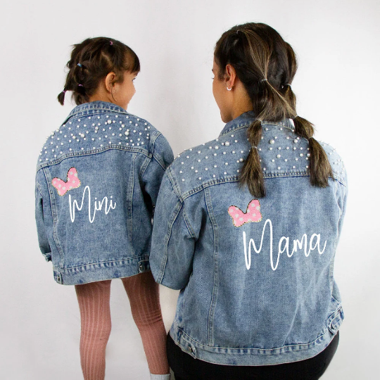 (Blue Pearl) Personalized Mama and Mini Bow Denim Jackets