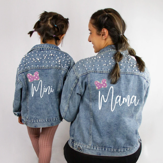 (Blue Pearl) Personalized Mama and Mini Bow Denim Jackets