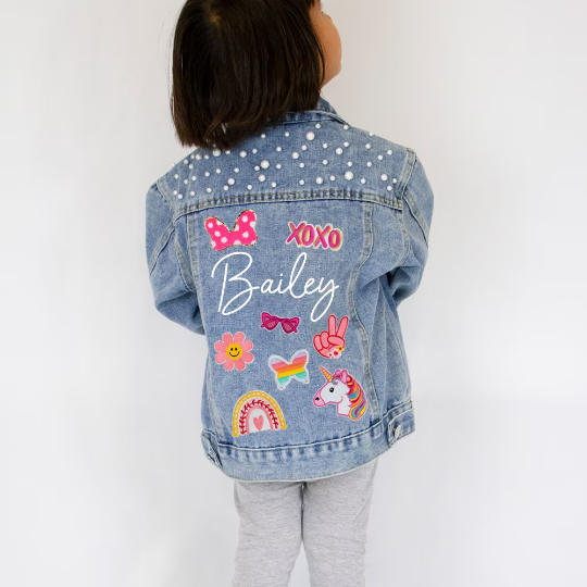 (Blue Pearl) Flower Girl Patch Denim Jacket