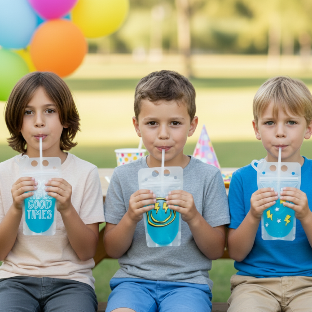 Three young boys sitting on a bench, each holding a drink in a clear cup with a straw. The background includes colorful balloons, suggesting a festive atmosphere.