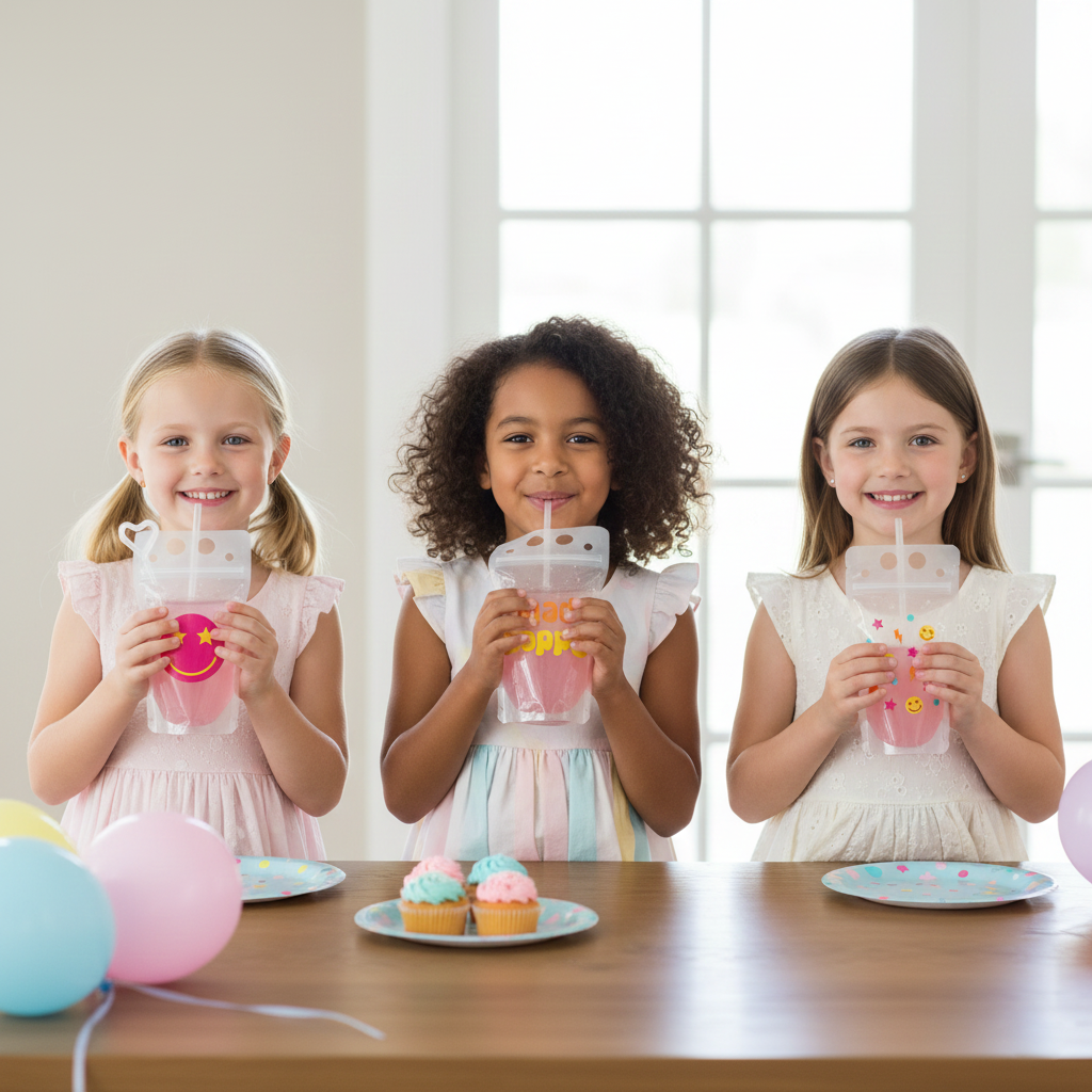 Three young girls are standing at a table, each holding a drink in a clear plastic cup with a straw. The table also has plates of cupcakes and balloons, suggesting a birthday party or celebration.