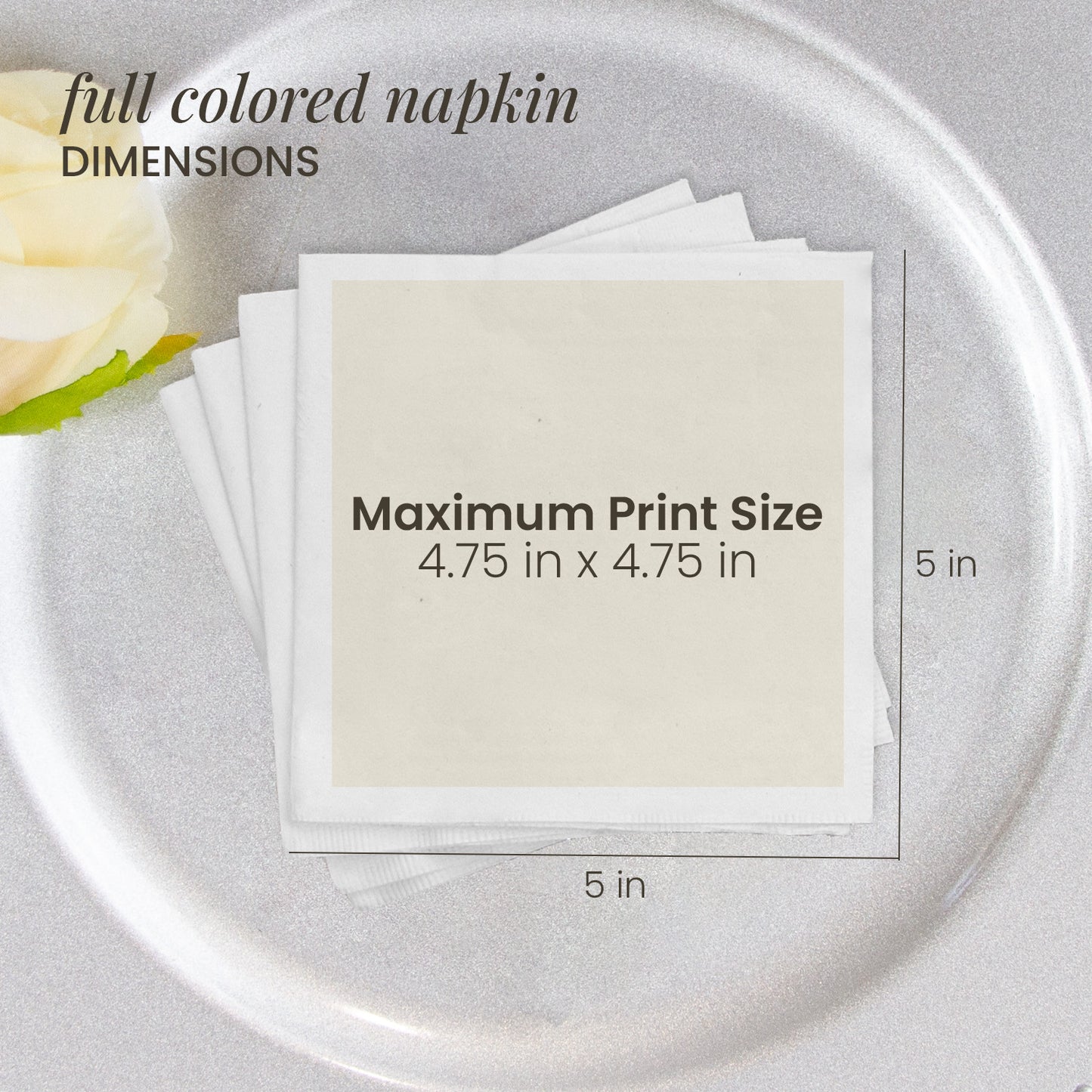 a set of white napkins with text indicating their maximum print size.