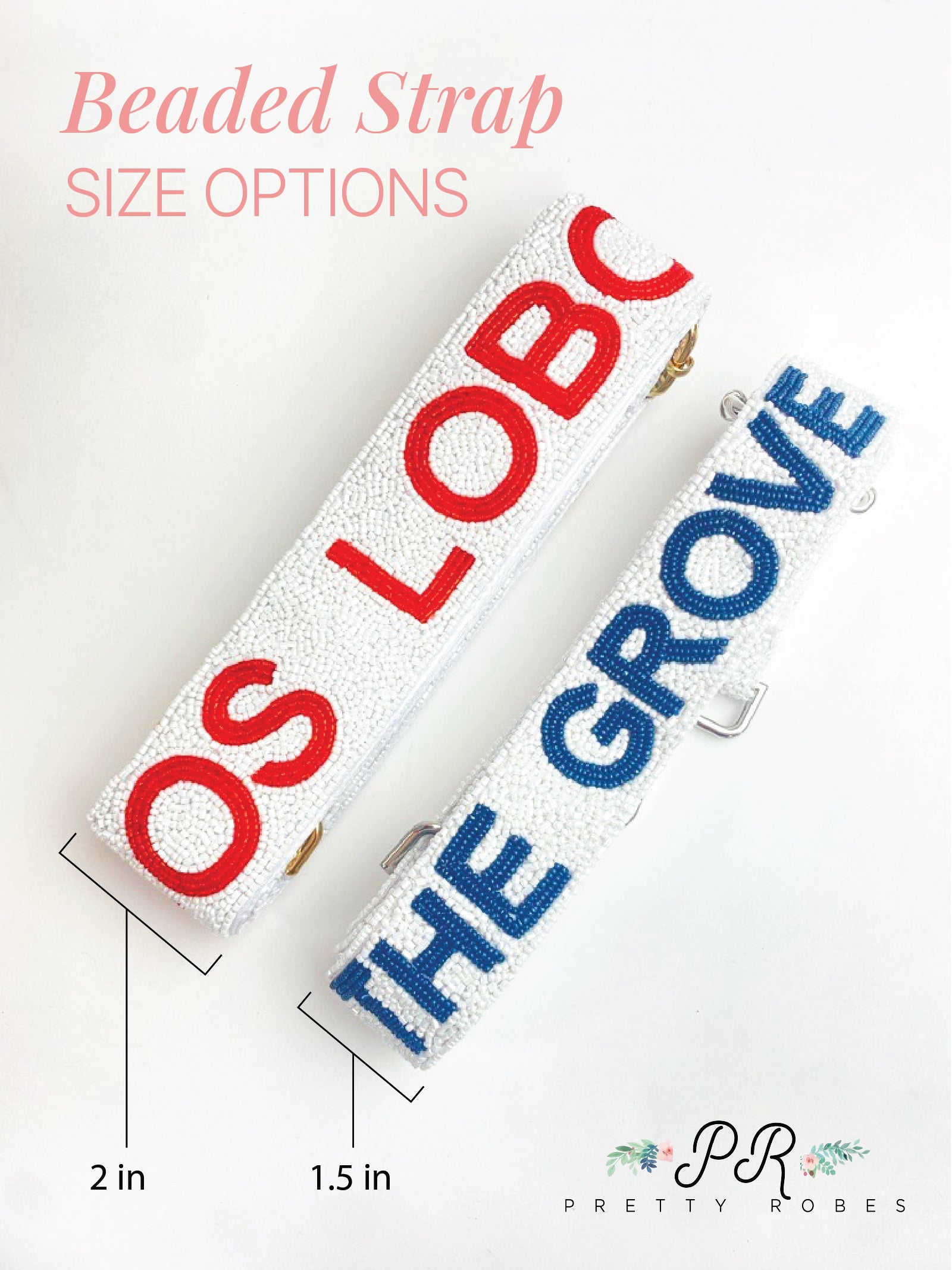 two straps with text on them, one in red and one in blue, with size options indicated below.