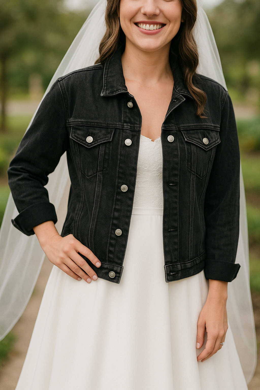 a woman in a white dress and a black jacket