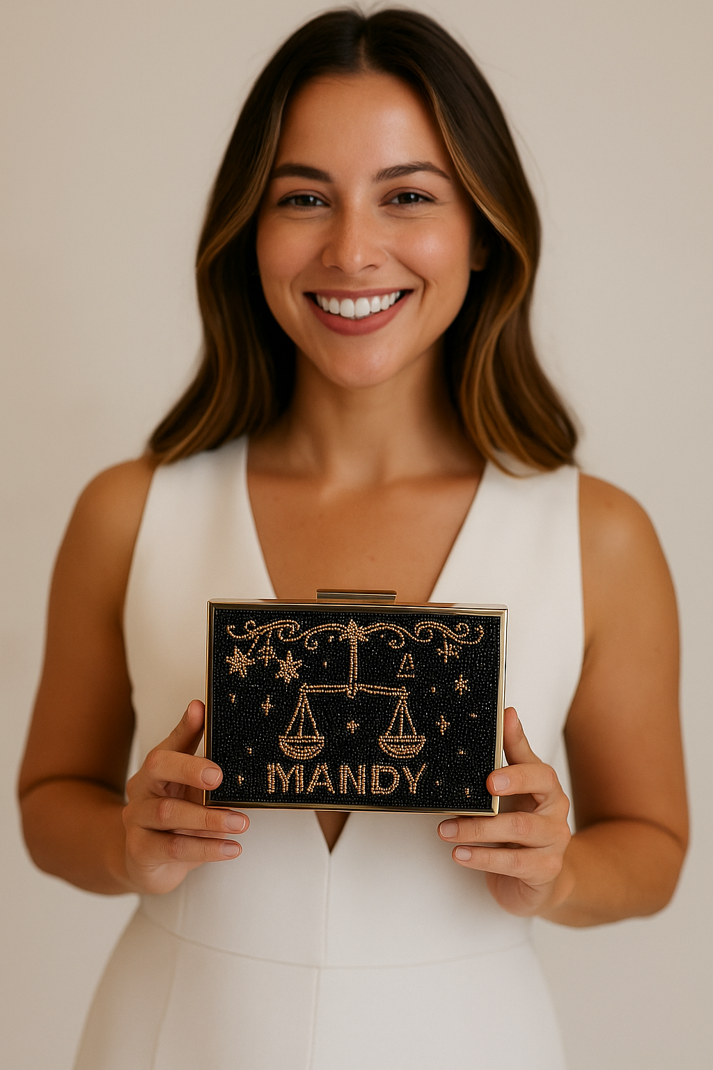 A woman in a white dress is smiling and holding a black clutch purse with the word "MIANDY" printed on it.
