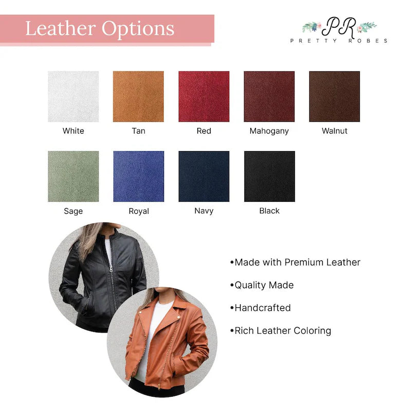 a women's leather jacket with different colors