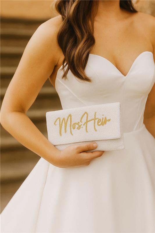 A woman in a white wedding dress holds a small white clutch purse with the text "Moss Heis" printed on it.