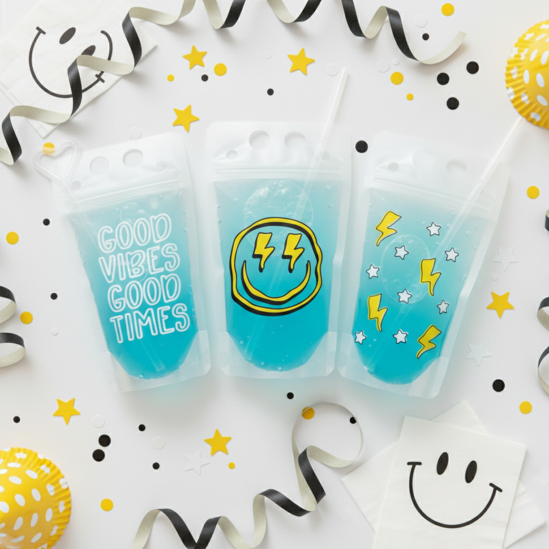 three colorful drink cups with various designs, surrounded by confetti, streamers, and a smiley face.