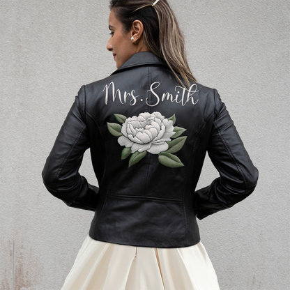 (Real Leather) Embroidered Rose Leather Jacket