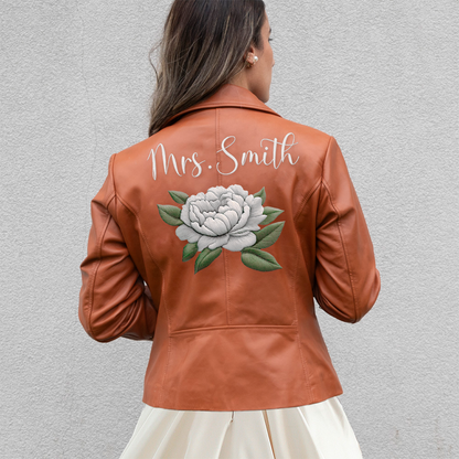 (Real Leather) Embroidered Rose Leather Jacket