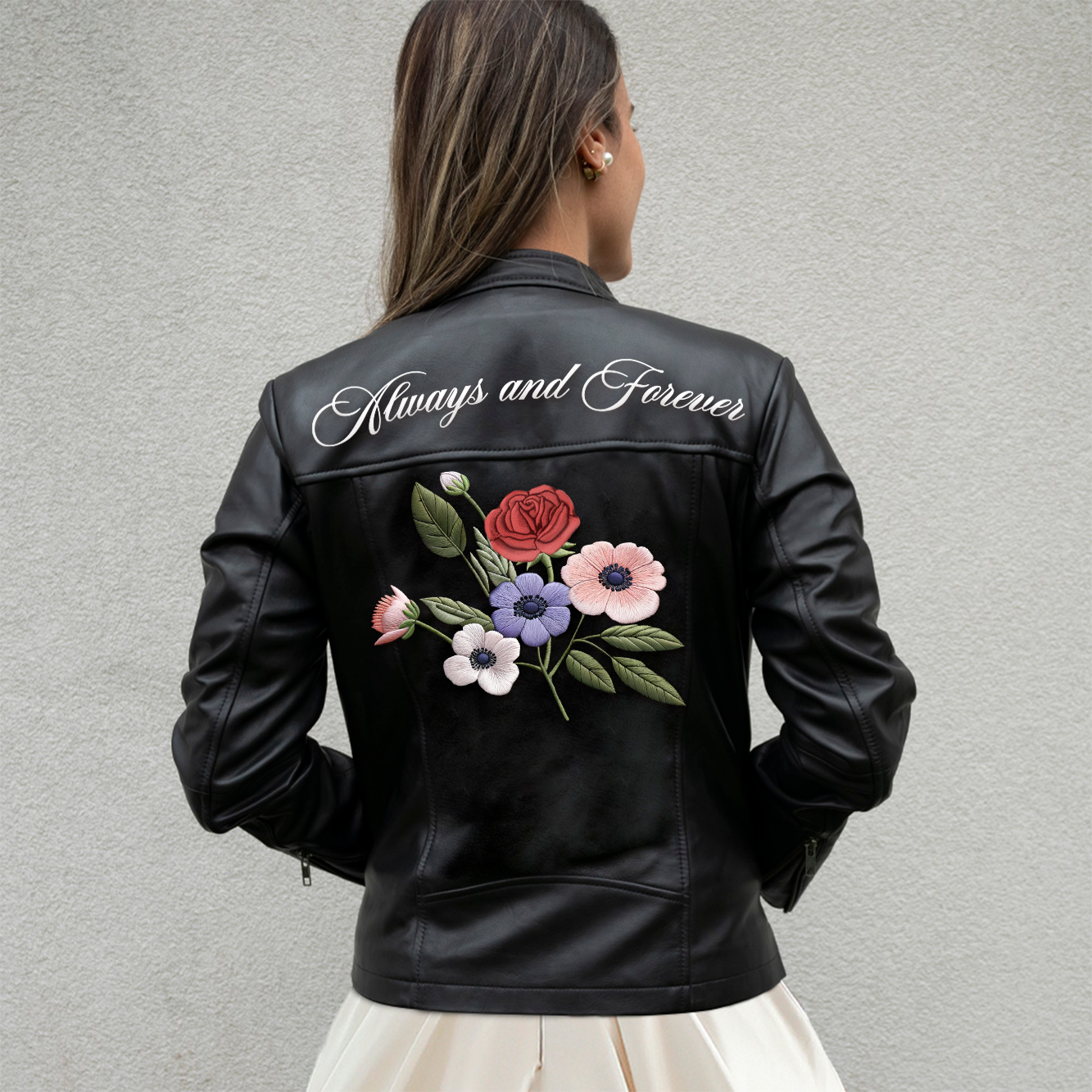 (Real Leather) Embroidered Floral Leather Jacket