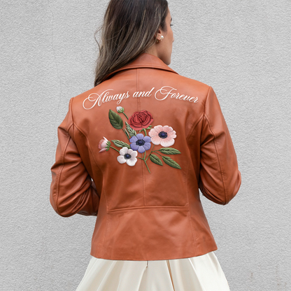 (Real Leather) Embroidered Floral Leather Jacket