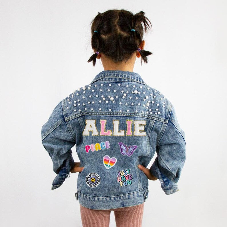 (Blue Pearl) Custom Pink Patch Flower Girl Denim Jacket