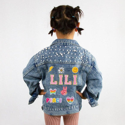 (Blue Pearl) Custom Pink Patch Flower Girl Denim Jacket