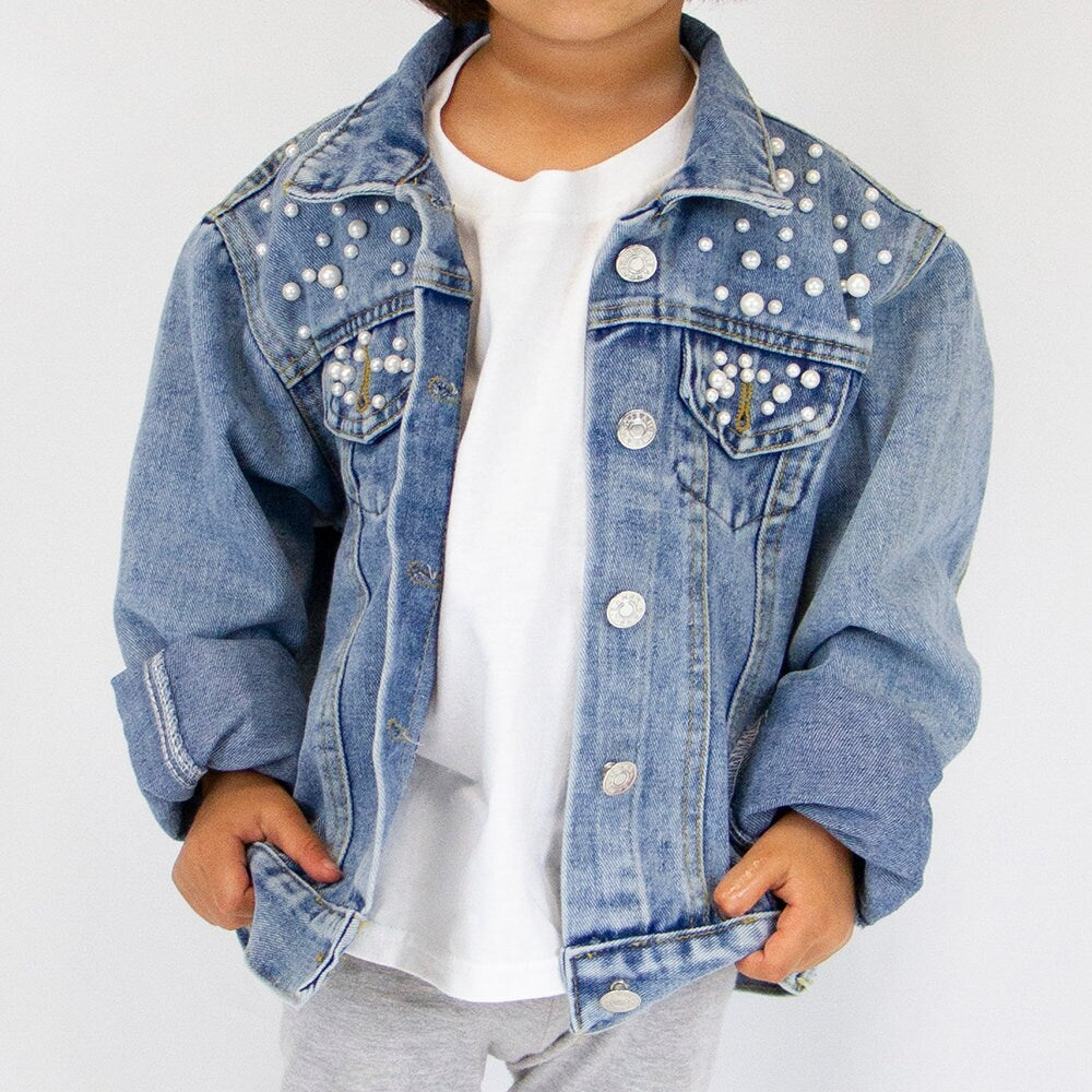 (Blue) Mama and Mini Pink Patch Pearl Denim Jacket
