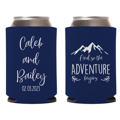 And The Adventure Begins Custom Wedding Can Cooler Favors (CS 381)
