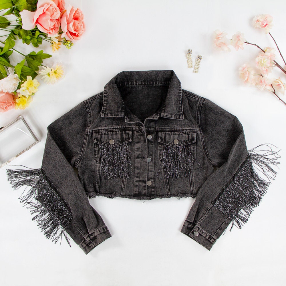 (Black Fringe) Wedding Party Jean Jacket