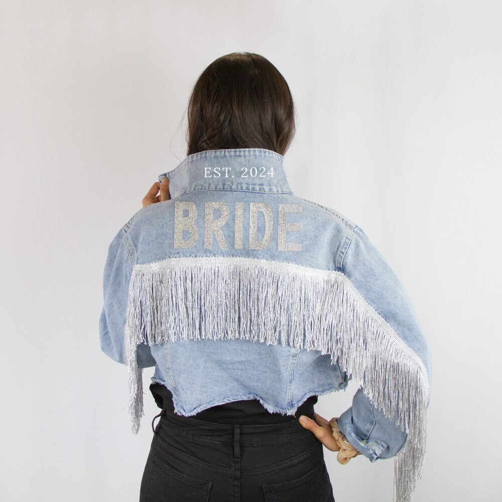 White Fringe Bride Rhinestone Patch Jean Jacket