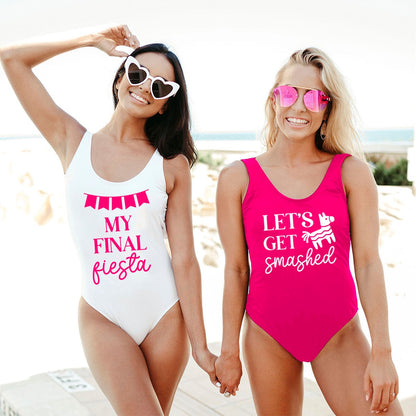 Bachelorette Party One Piece Swimsuit - Final Fiesta Lets Get Smashed Custom Bridal Shower