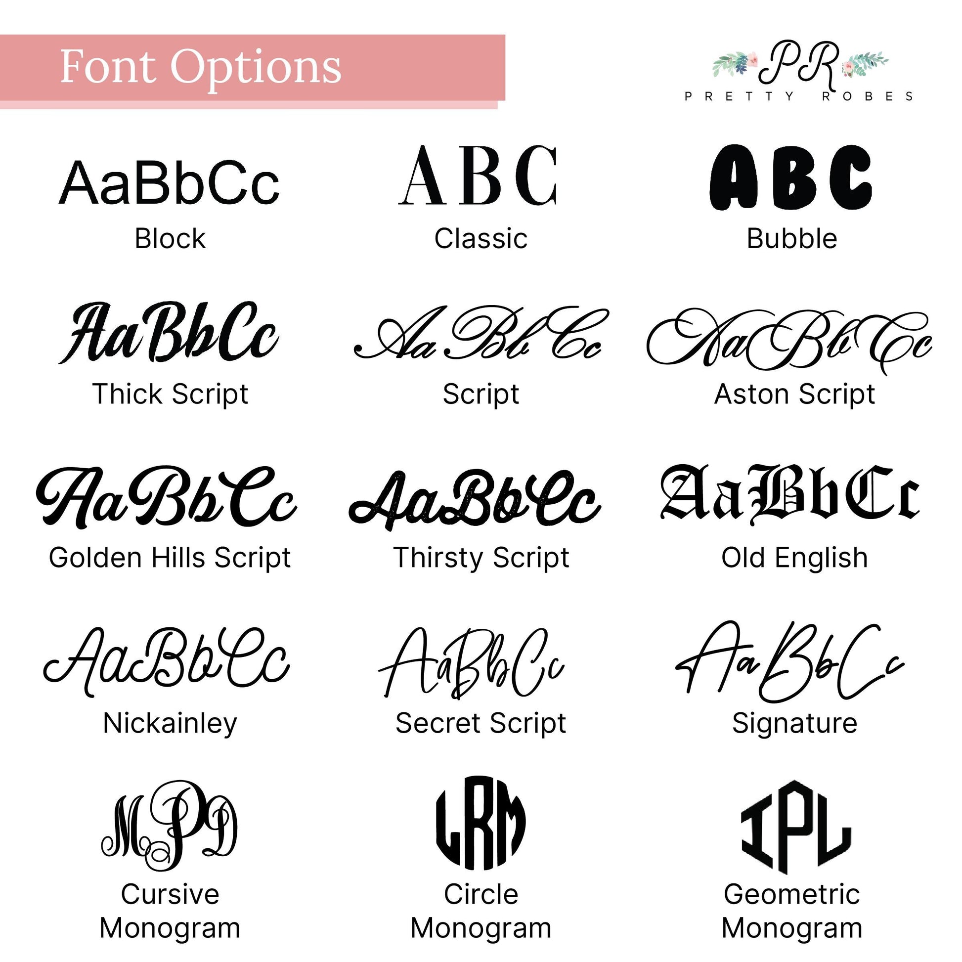 the font options for different font styles